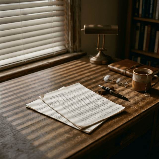 Wooden desk with handwritten papers, fountain pen, eyeglasses, tea cup, and notebook