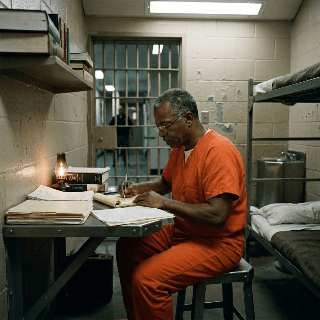 Inmate in orange jumpsuit writing notes at a desk with law books in prison cell