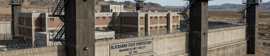 Blackhawk State Penitentiary entrance with guard towers and high walls