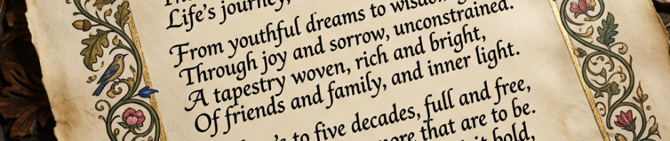 Parchment reading “A Half-Century Well Spent” and “Happy 50th Birthday!” with a poem celebrating fifty years, memories, love, laughter, family, and friendship.