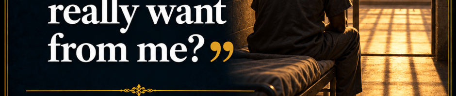 CQ-032 quotation graphic: What do you really want from me? A Black man sits on a prison cot facing a symbolic parole hearing room, framed in navy and gold.