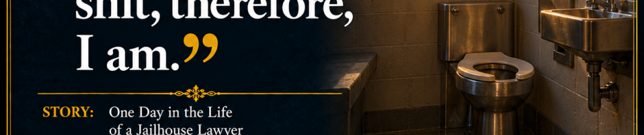 CQ-033 quotation graphic: I piss and shit, therefore, I am. A toilet with a seat and a metal sink in a prison bathroom illuminated by sunrise, framed in navy and gold.